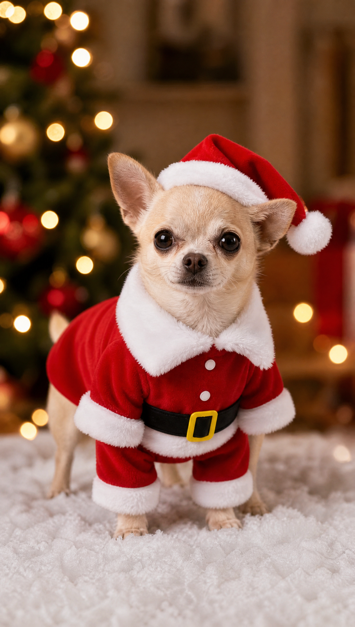 Chihuahua con disfraz de Papá Noel para perro junto al árbol de Navidad