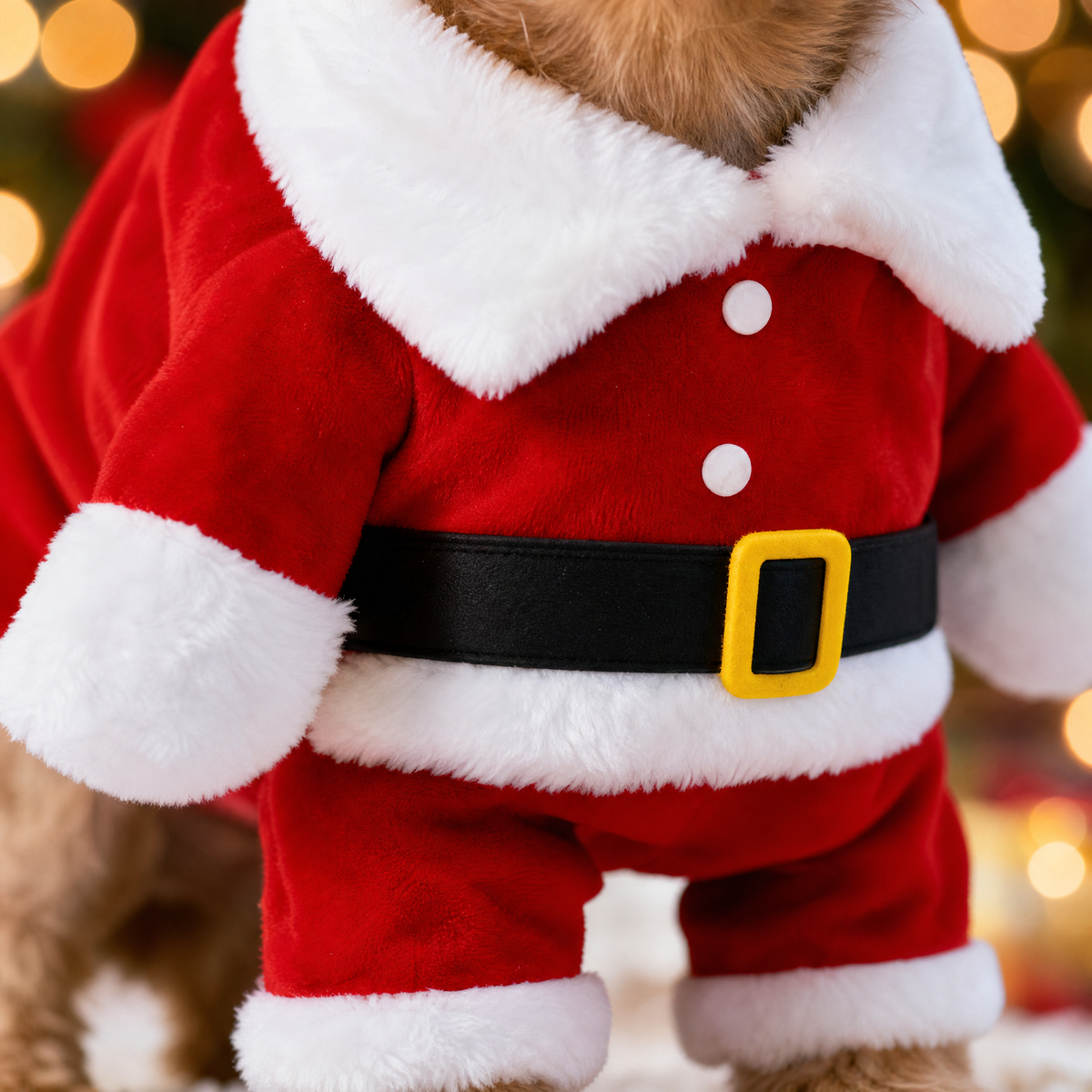 Detalle del tejido de felpa y la hebilla del disfraz de Papá Noel para perro