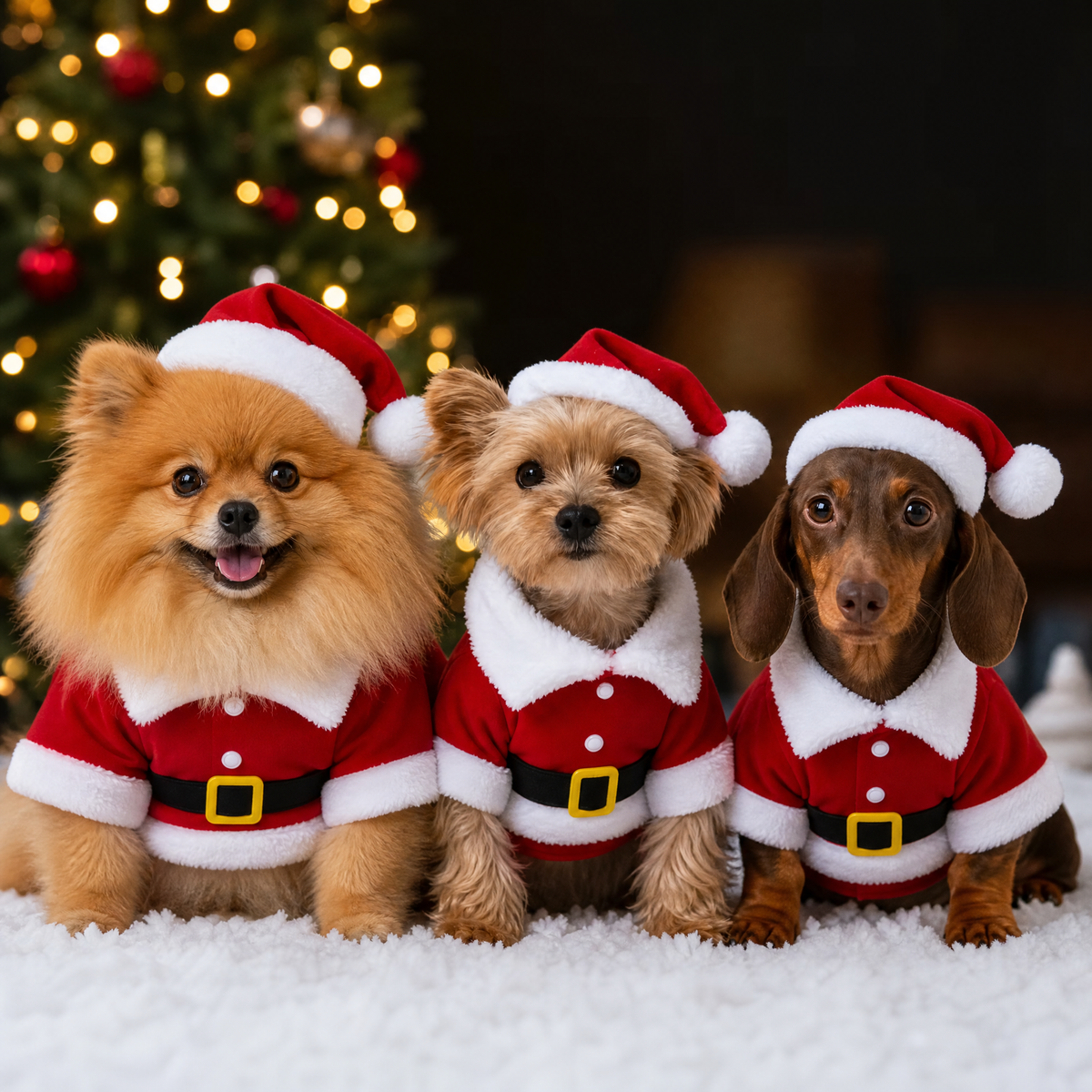Pomerania, yorkie y teckel con disfraz de Papá Noel