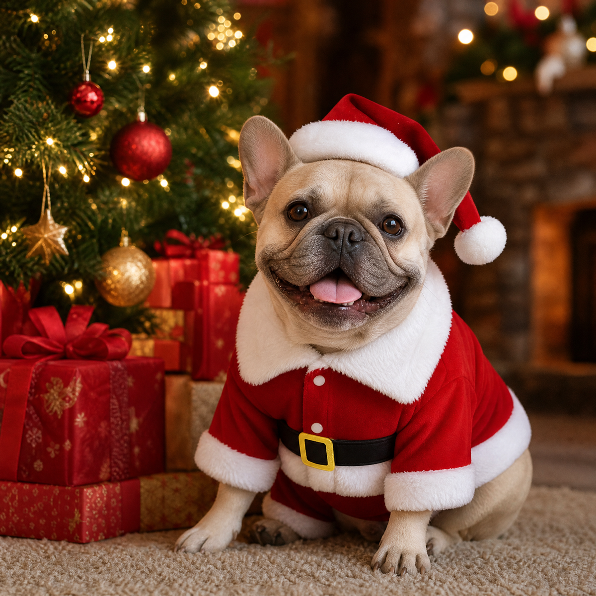 Bulldog francés con disfraz de Papá Noel junto a regalos