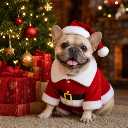 Bulldog francés con disfraz de Papá Noel junto a regalos